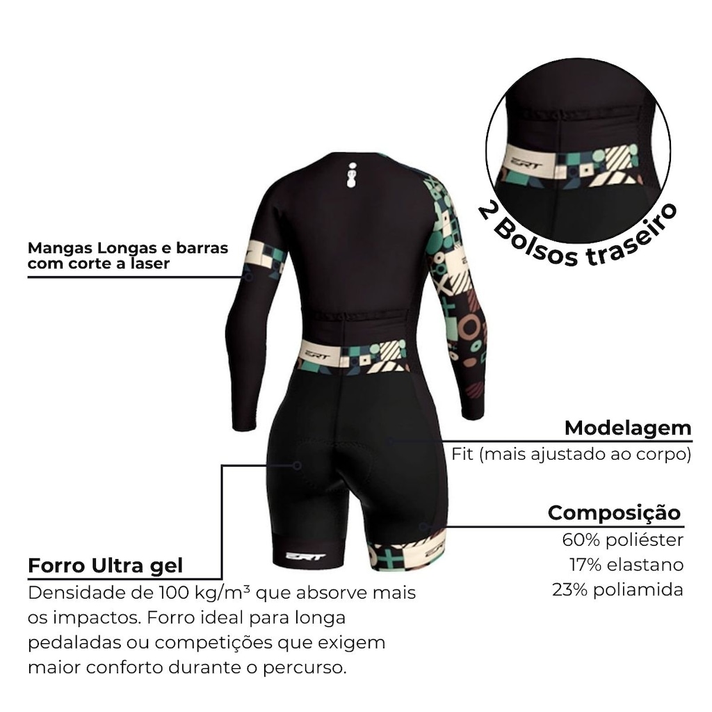 Imagem 2 do produto Macaquinho de Ciclismo Manga Longa ERT Smart Forro Gel - Feminino