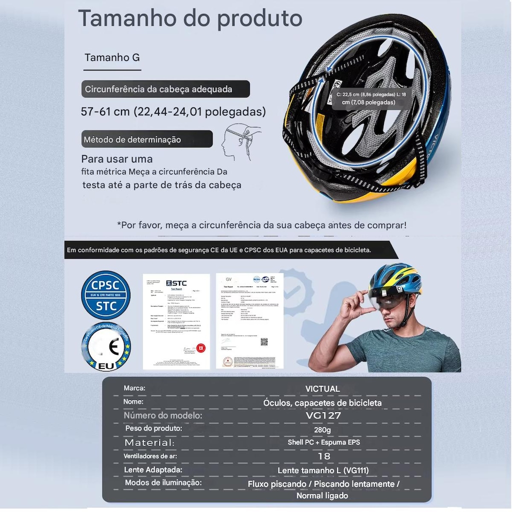 Imagem 4 do produto Capacete para Ciclismo Adulto Gold Sports Victgual Ultra Leve