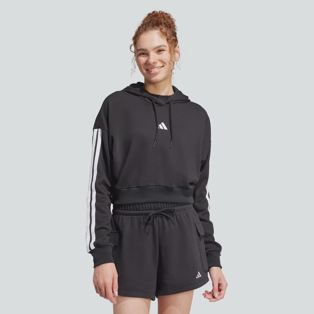 Moletom Cropped Feminino adidas 3 Stripes com Capuz