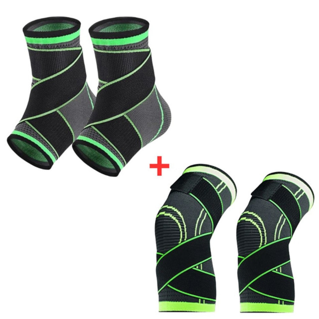 Kit Par Tornozeleira Ortopédica Ajustável HM + Par Joelheira Protetora Articulada faixa ajustável