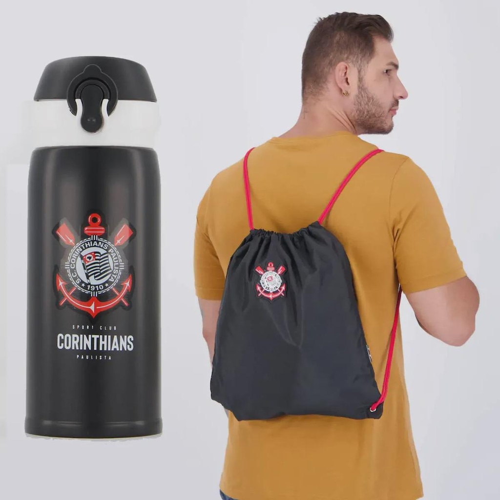 Kit Corinthians Mochila Saco e Garrafa Térmica