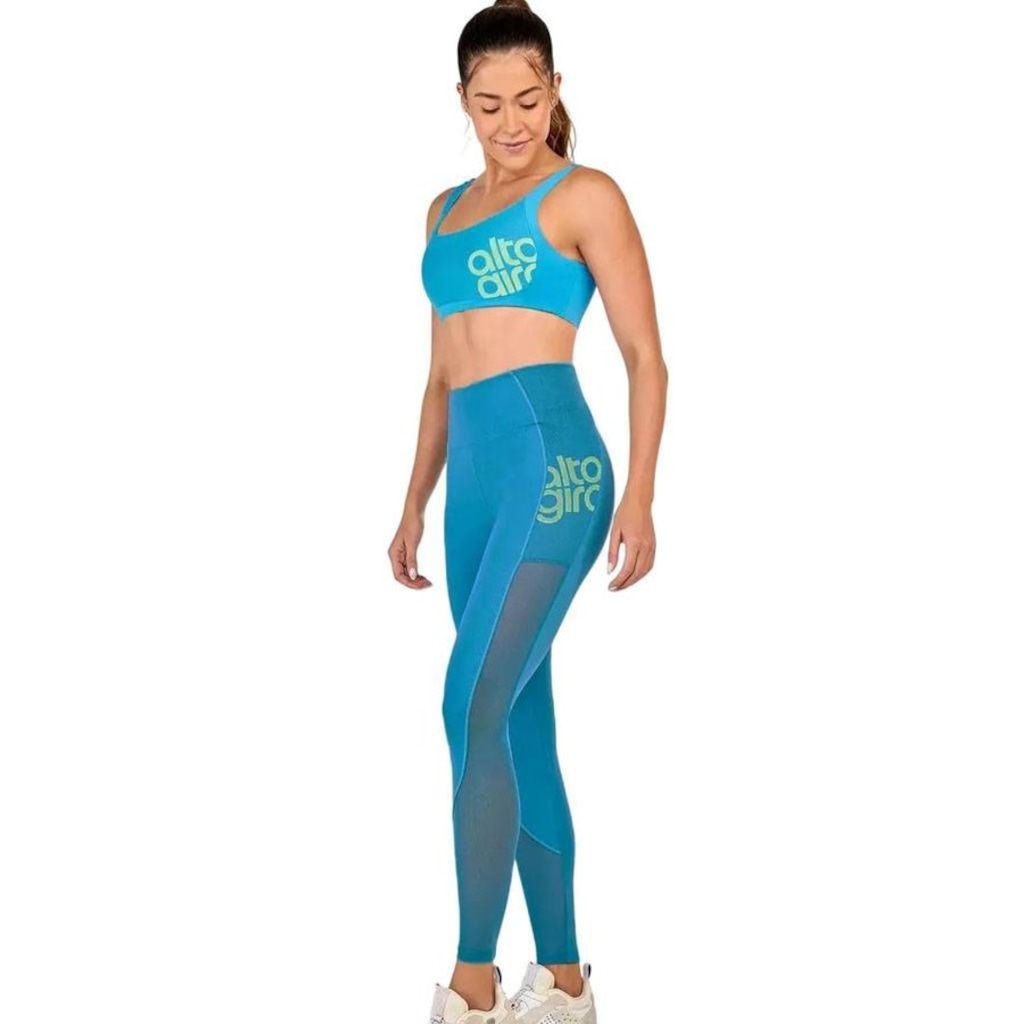 Calça Legging Alto Giro Tule Recortes Logo Feminina