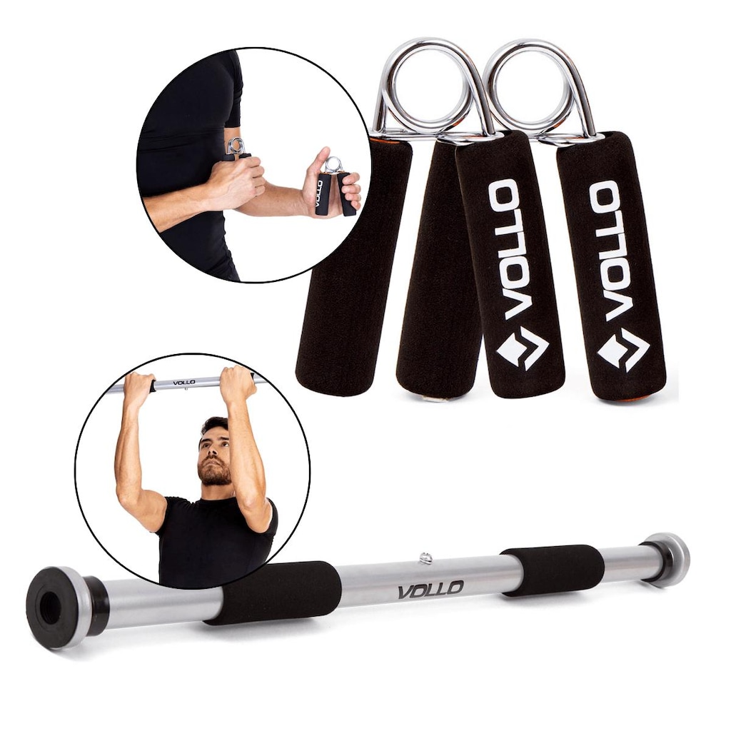 Kit Fortalecimento Vollo Barra Porta Ajustável + 2 Hand Grip