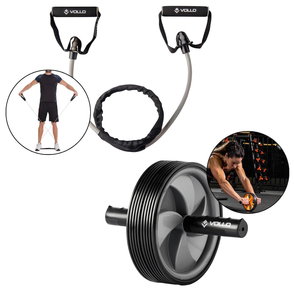 Kit Treino Extensor Elástico + Roda Abdominal Cross Vollo