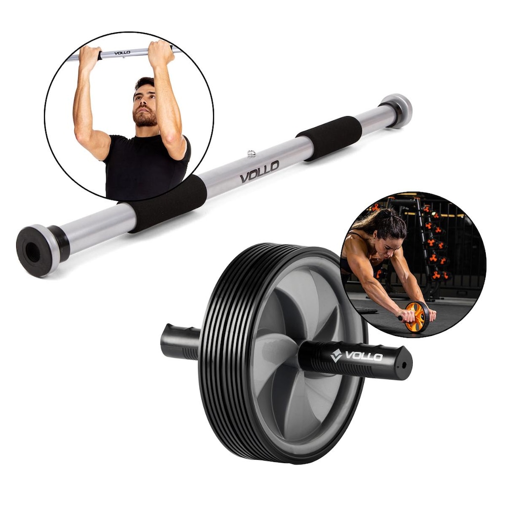Kit Crossfit Vollo Barra Fixa Porta Ajustável + Roda Dupla