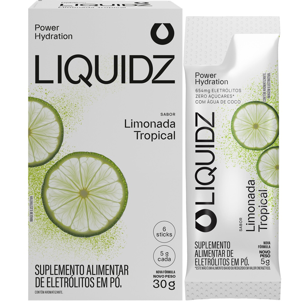 Eletrólitos LIQUIDZ® Zero Açúcares - Sabor Limonada Tropical - Kit 1 Caixa c/ 6 sachês