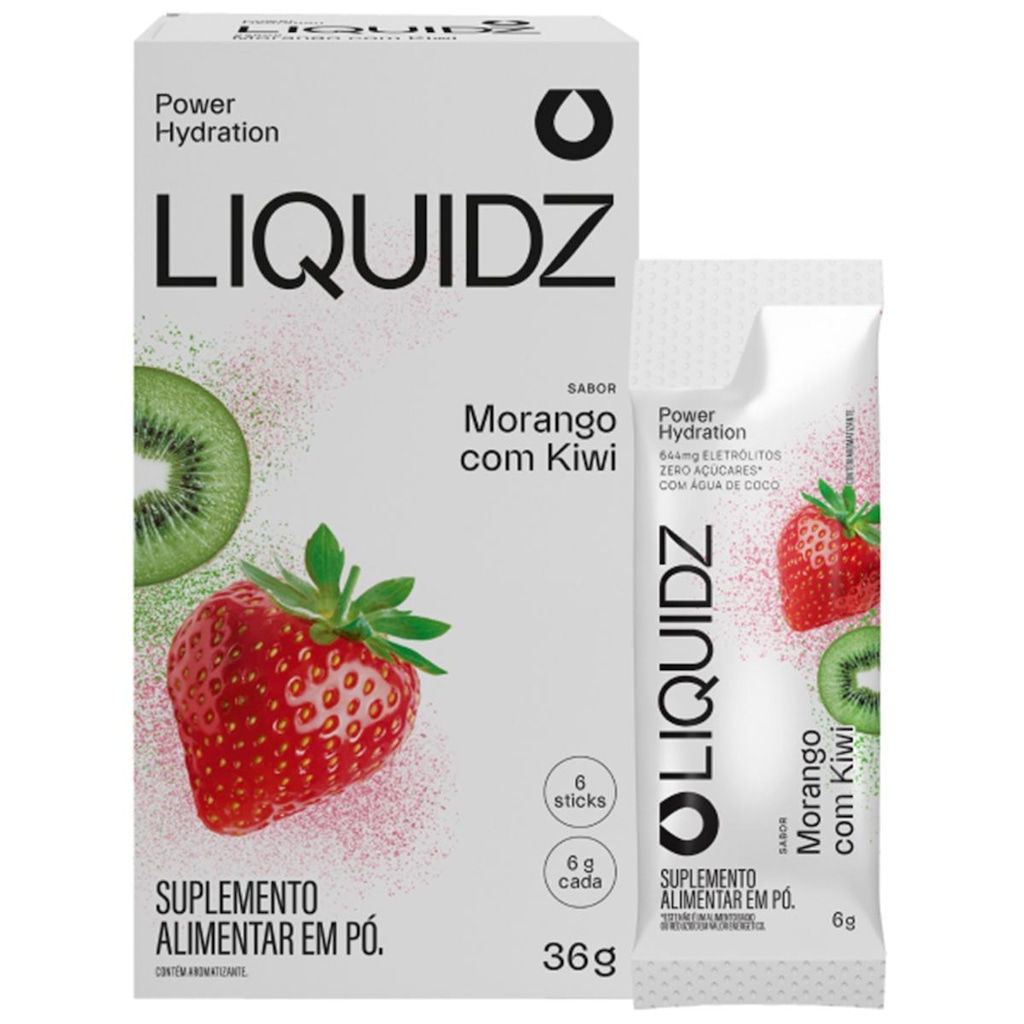 Eletrólitos LIQUIDZ® Zero Açúcares - Sabor Morango com Kiwi - Kit 1 Caixa c/ 6 sachês