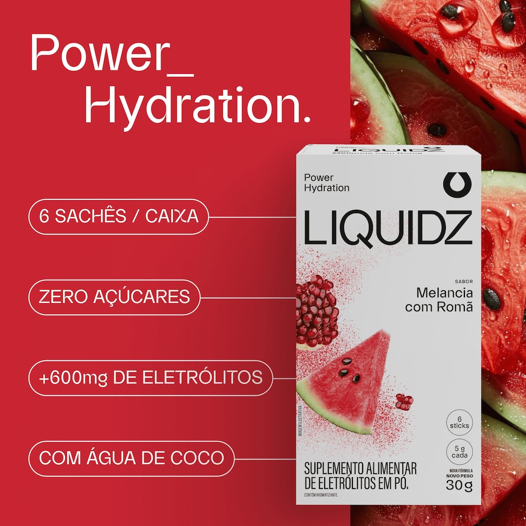 Imagem 4 do produto Eletrólitos LIQUIDZ® Zero Açúcares - Sabor Melancia com Romã - Kit 1 Caixa c/ 6 sachês