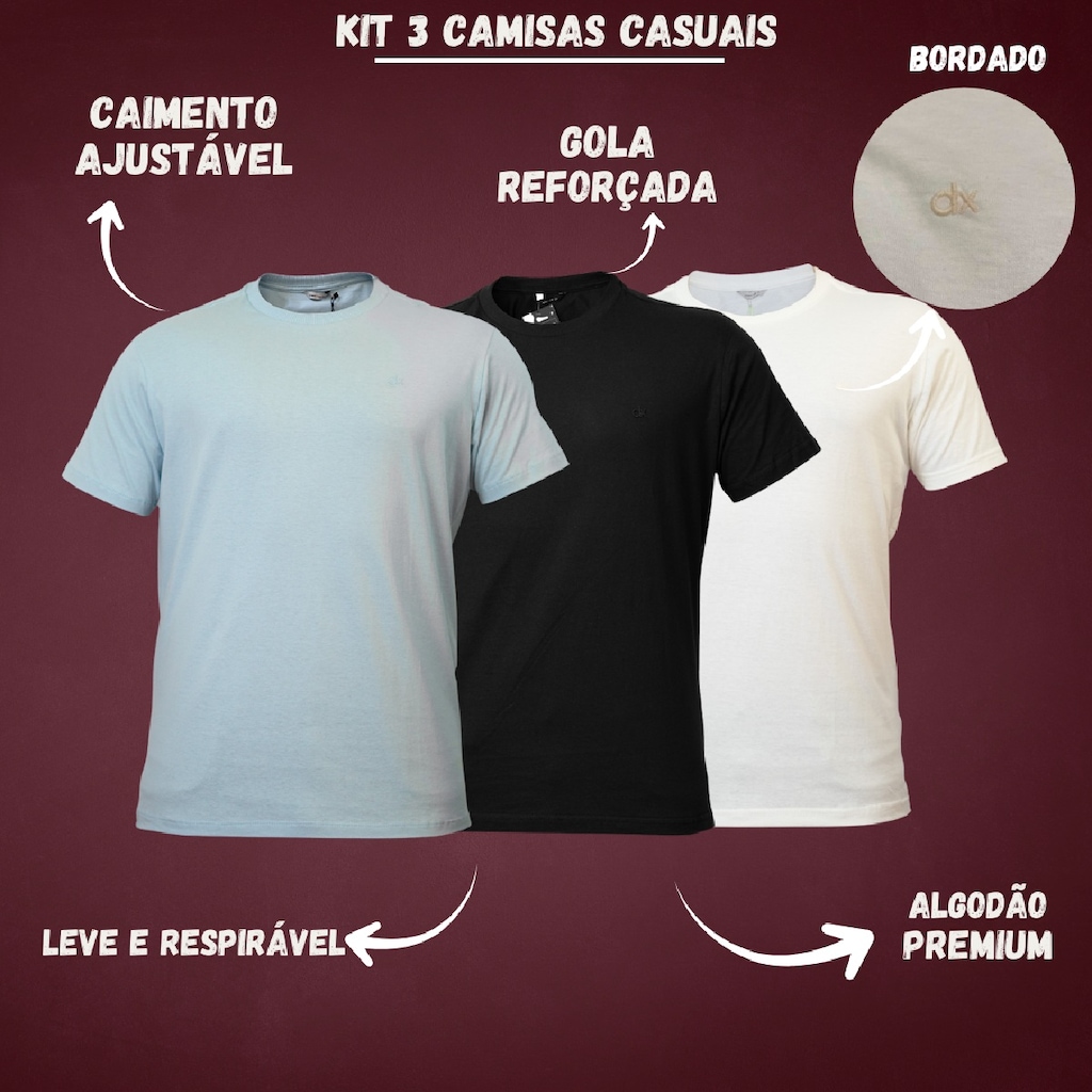 Imagem 2 do produto Kit 3 Camisetas DX Essentials Casuais Algodão Bordado - Masculina