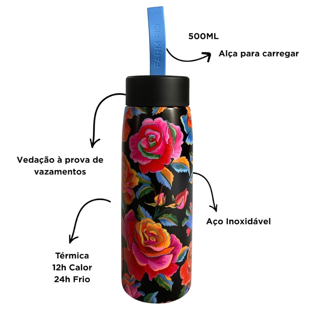 Imagem 5 do produto Garrafa Farm Que Sede Rosas Pintadas 500ml Térmica Original