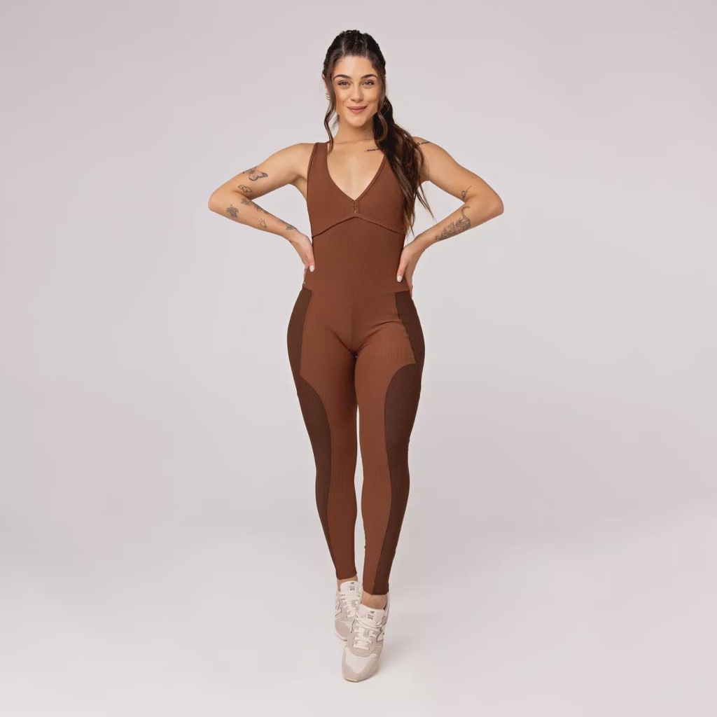 Macacão Fitness Orbis Fitness Longo Canelado Zero Transparência Bojo - Feminino - Foto 1