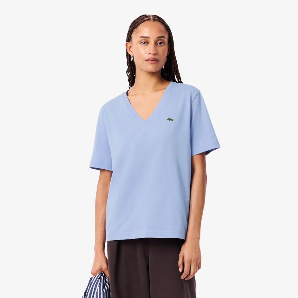 Camiseta de Algodão com Gola V e Caimento Relaxado Lacoste Feminina
