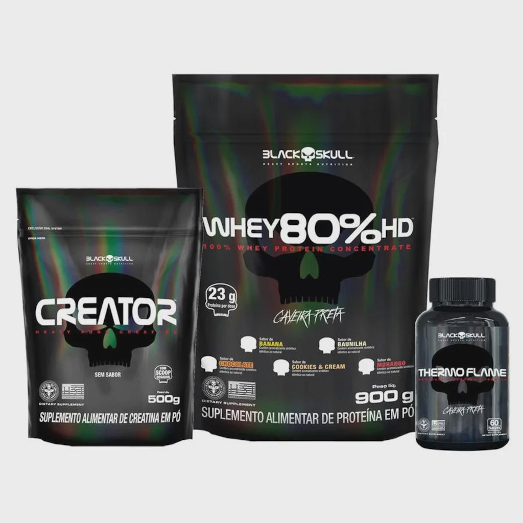 Kit Whey 80% HD 900g + Creator 500g + Thermo Flame 60 tabs Black Skull