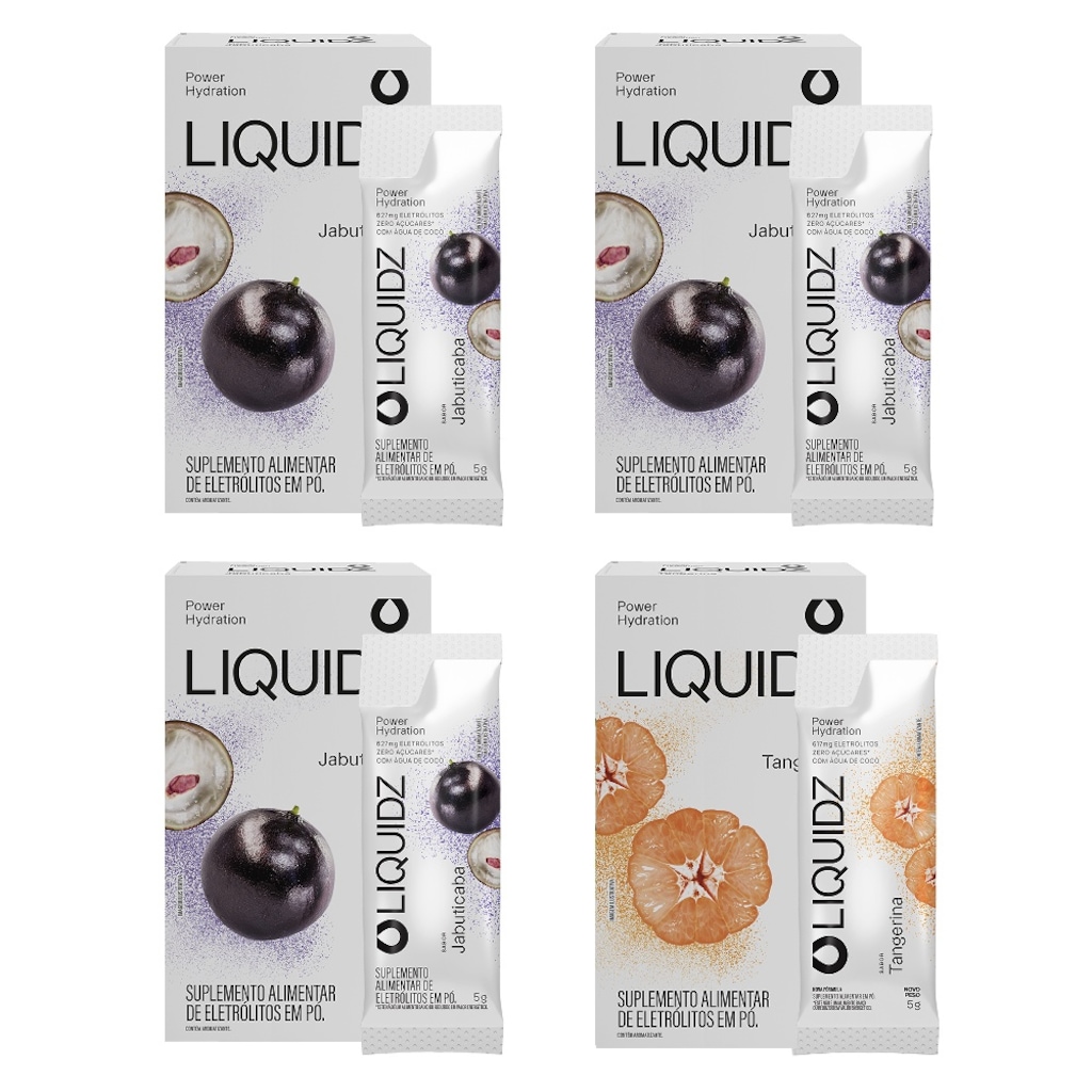Kit 4 Caixas LIQUIDZ Eletrólitos Zero Açúcares - Jabuticaba e Tangerina - 24 sachês