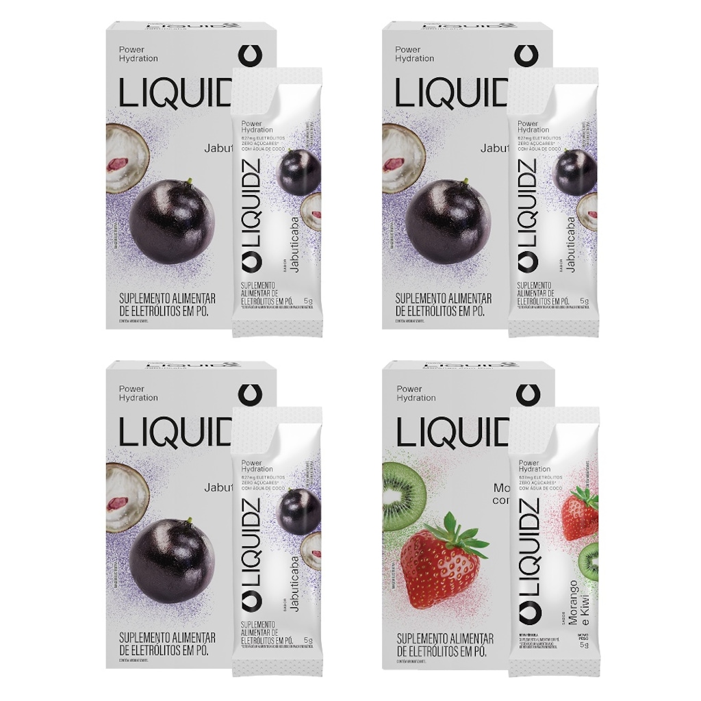 Kit 4 Caixas LIQUIDZ - Eletrólitos Zero Açúcares - Jabuticaba | Morango - 24 sachês