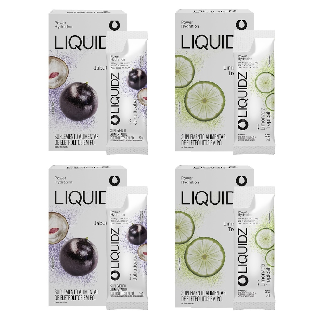 Kit 4 Caixas LIQUIDZ - Eletrólitos Zero Açúcares - Jabuticaba | Limonada - 24 sachês