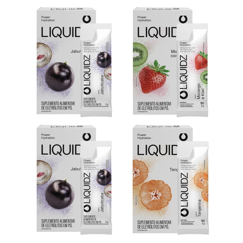 Kit 4 Caixas LIQUIDZ - Eletrólitos Zero Açúcares - 3 Sabores - 24 sachês