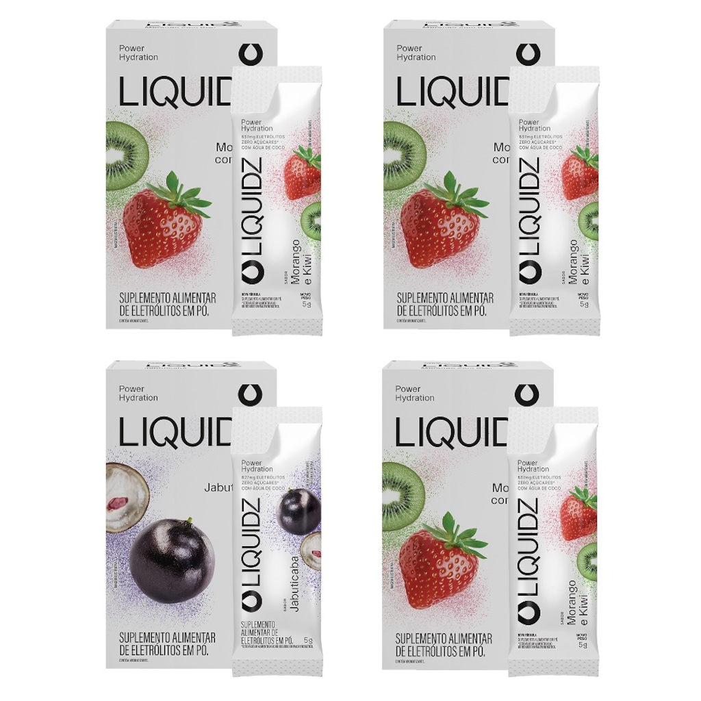 Kit 4 Caixas LIQUIDZ - Eletrólitos Zero Açúcares - Jabuticaba | Morango - 24 sachês