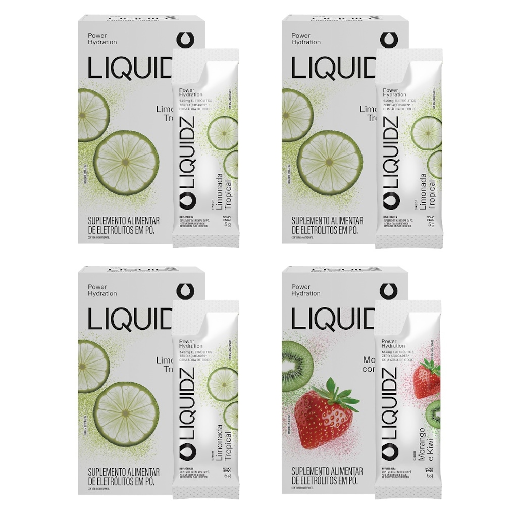Kit 4 Caixas LIQUIDZ - Eletrólitos Zero Açúcares - Limonada | Morango - 24 sachês