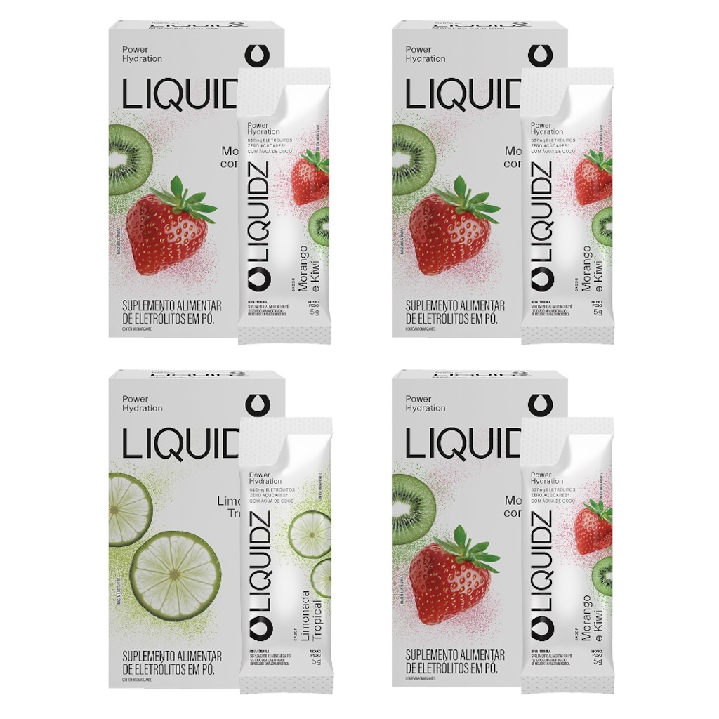 Kit 4 Caixas LIQUIDZ - Eletrólitos Zero Açúcares - Limonada | Morango - 24 sachês