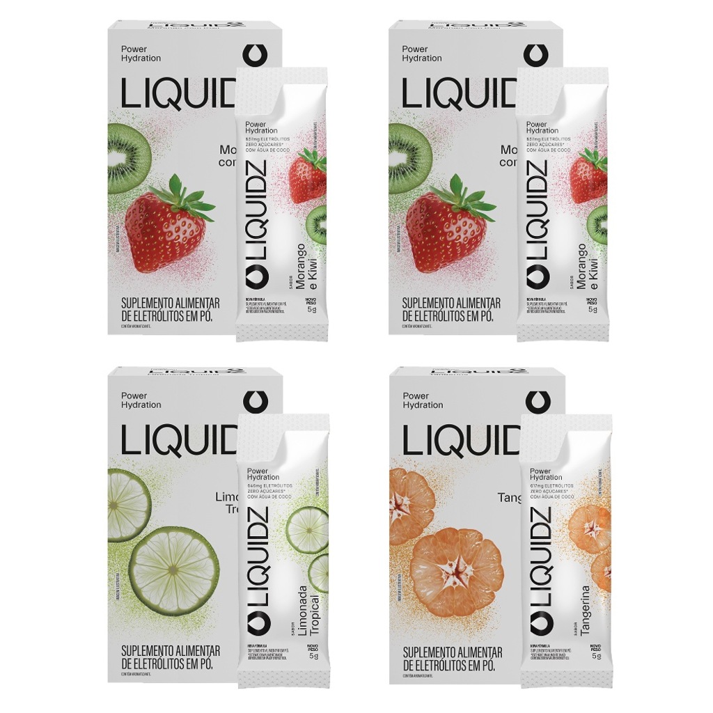 Kit 4 Caixas LIQUIDZ - Eletrólitos Zero Açúcares - 3 Sabores - 24 sachês