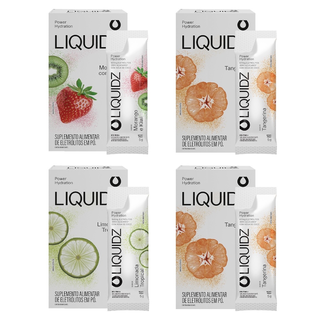 Kit 4 Caixas LIQUIDZ - Eletrólitos Zero Açúcares - 3 Sabores - 24 sachês