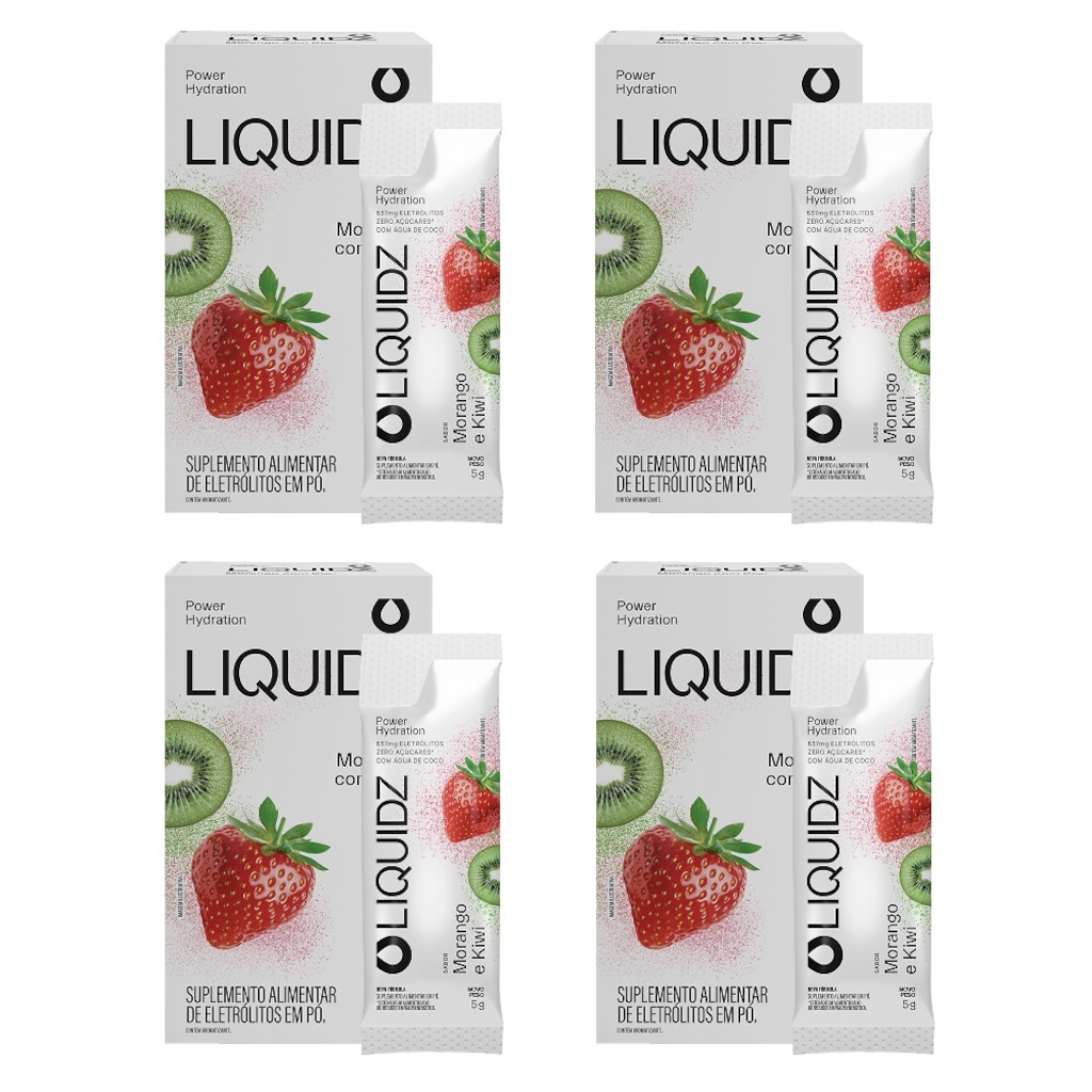Kit 4 Caixas LIQUIDZ - Eletrólitos Zero Açúcares - Morango com Kiwi - 24 sachês