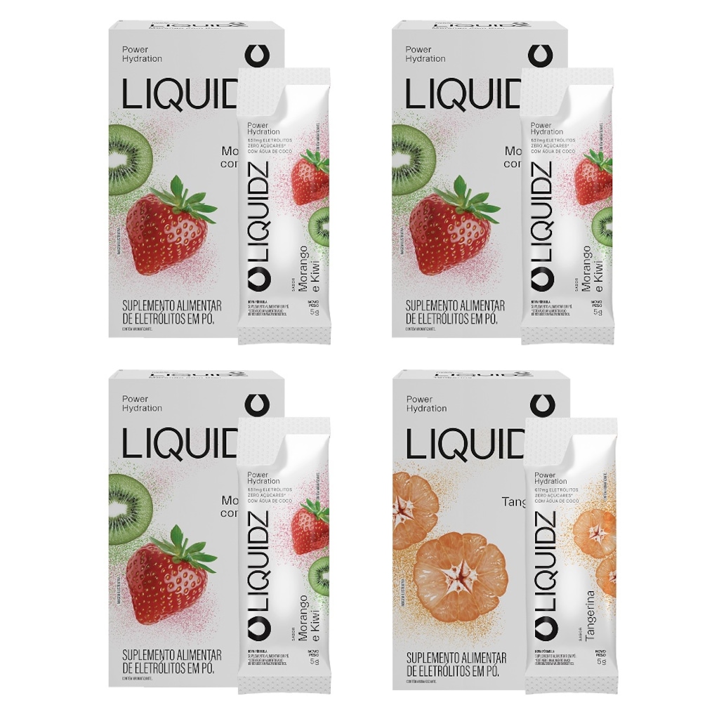 Kit 4 Caixas LIQUIDZ - Eletrólitos Zero Açúcares - Morango | Tangerina - 24 sachês