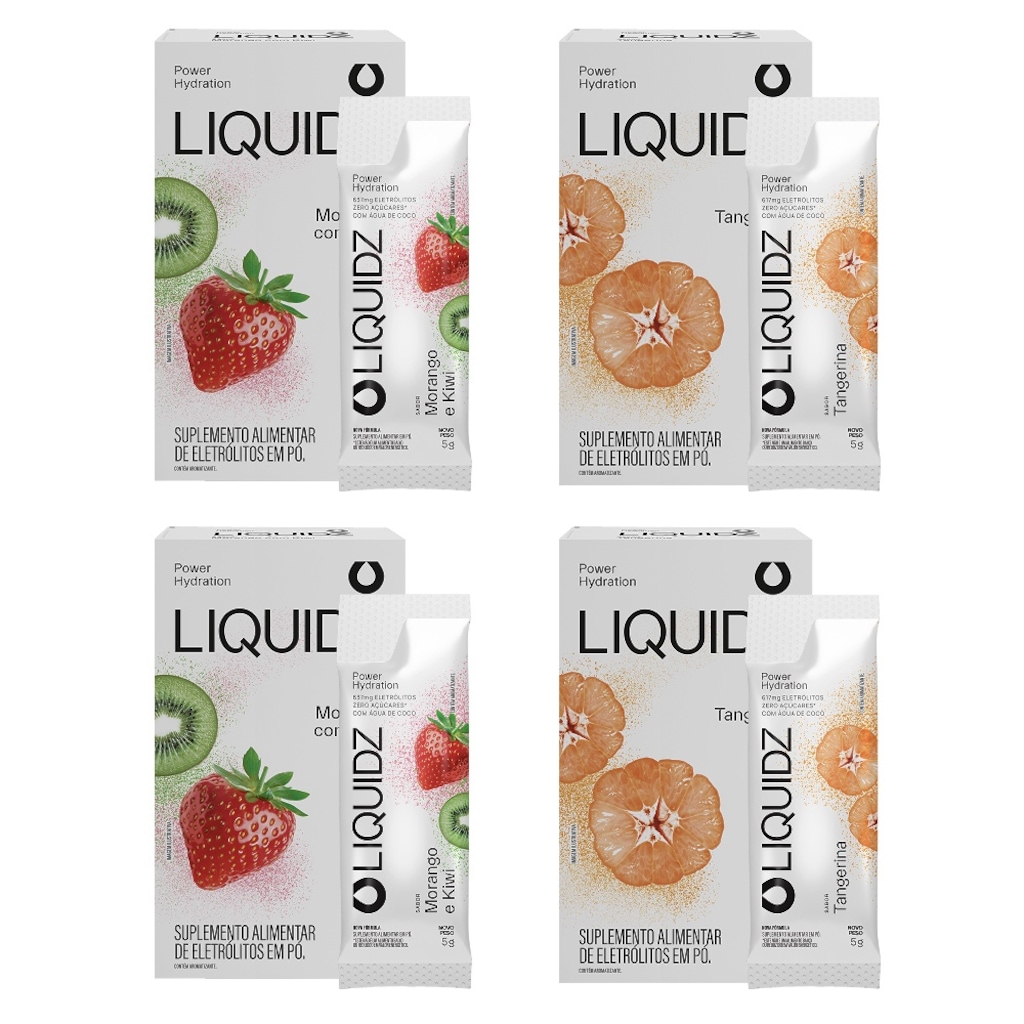 Kit 4 Caixas LIQUIDZ - Eletrólitos Zero Açúcares - Morango | Tangerina - 24 sachês