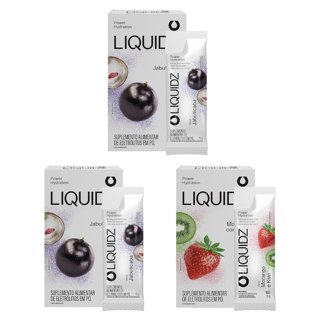 Kit 3 Caixas LIQUIDZ® - Eletrólitos Zero Açúcares - Jabuticaba | Morango - 18 sachês