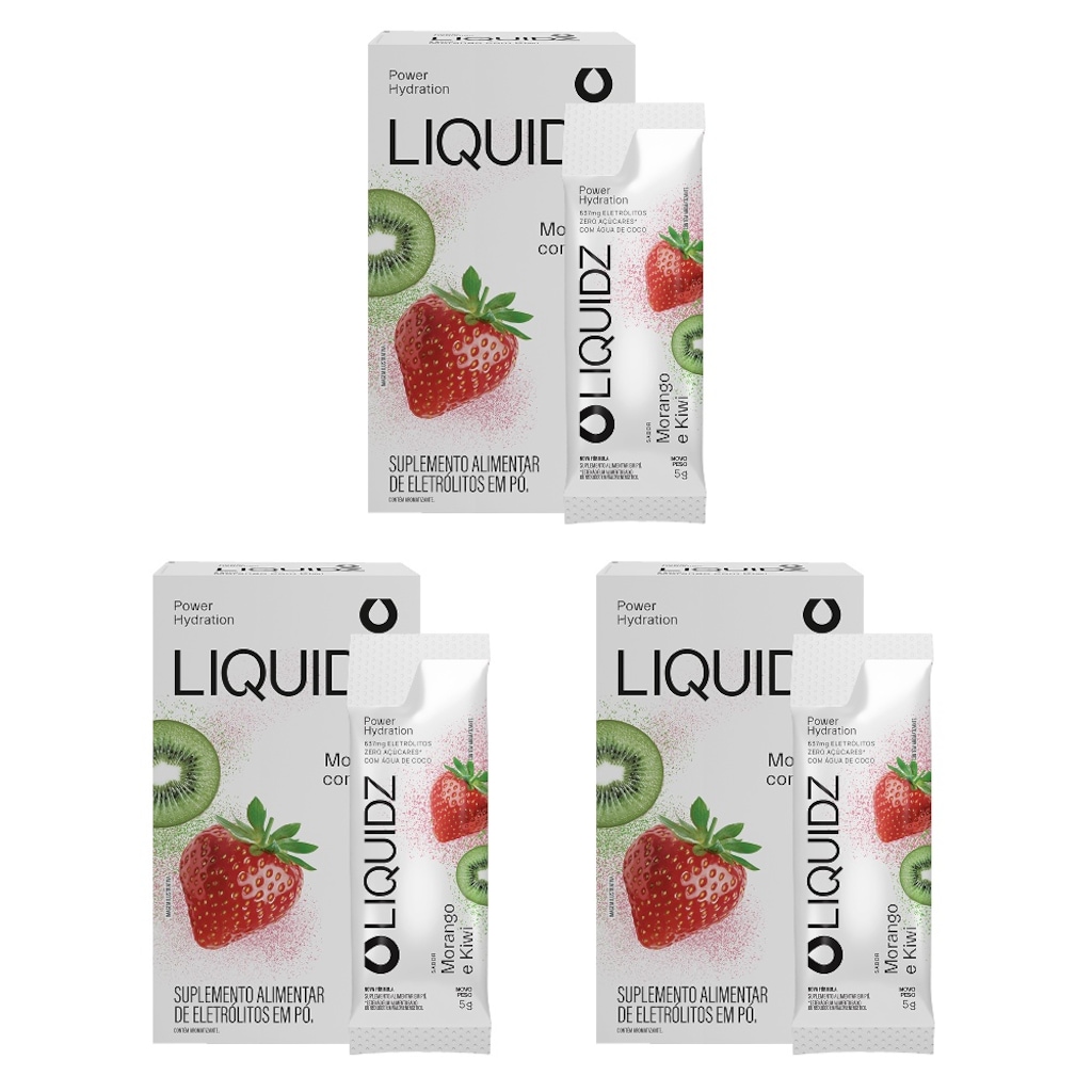 Kit 3 Caixas LIQUIDZ® - Eletrólitos Zero Açúcares - Morango com Kiwi - 18 sachês