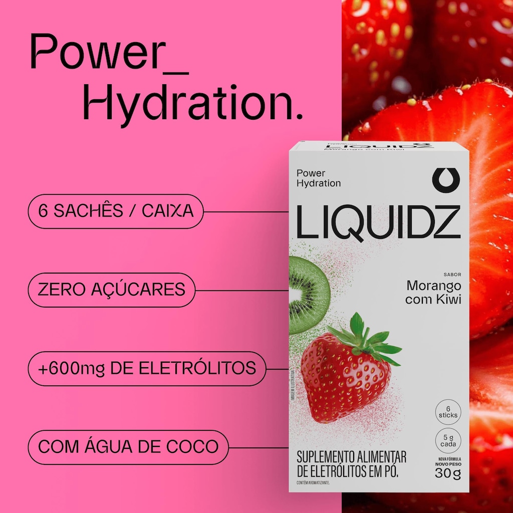 Imagem 4 do produto Kit 3 Caixas LIQUIDZ® - Eletrólitos Zero Açúcares - Morango com Kiwi - 18 sachês