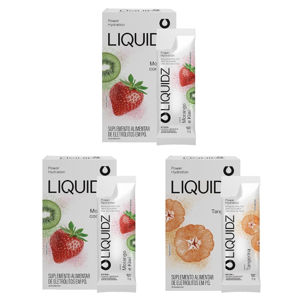 Kit 3 Caixas LIQUIDZ® - Eletrólitos Zero Açúcares - Morango | Tangerina - 18 sachês