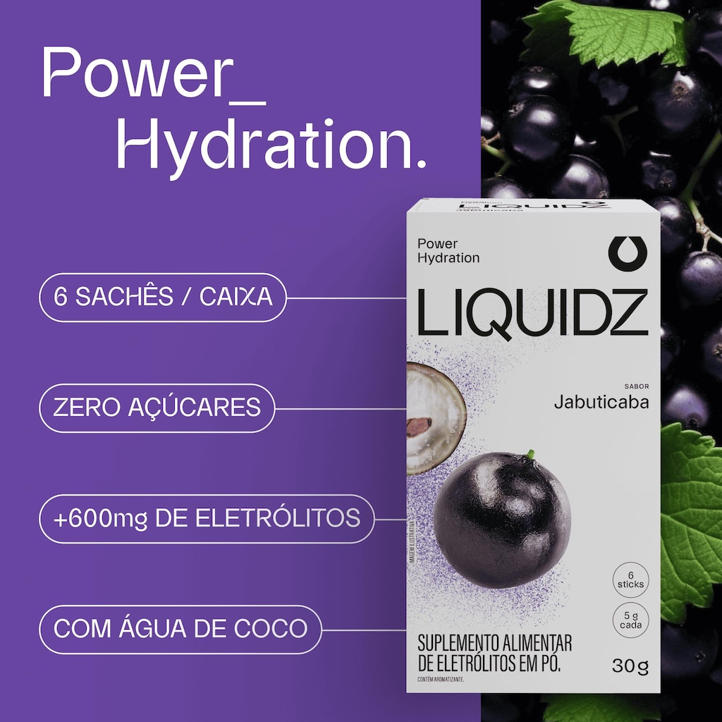 Imagem 4 do produto Kit 2 Caixas LIQUIDZ® - Eletrólitos Zero Açúcares - Jabuticaba | Limonada - 12 sachês
