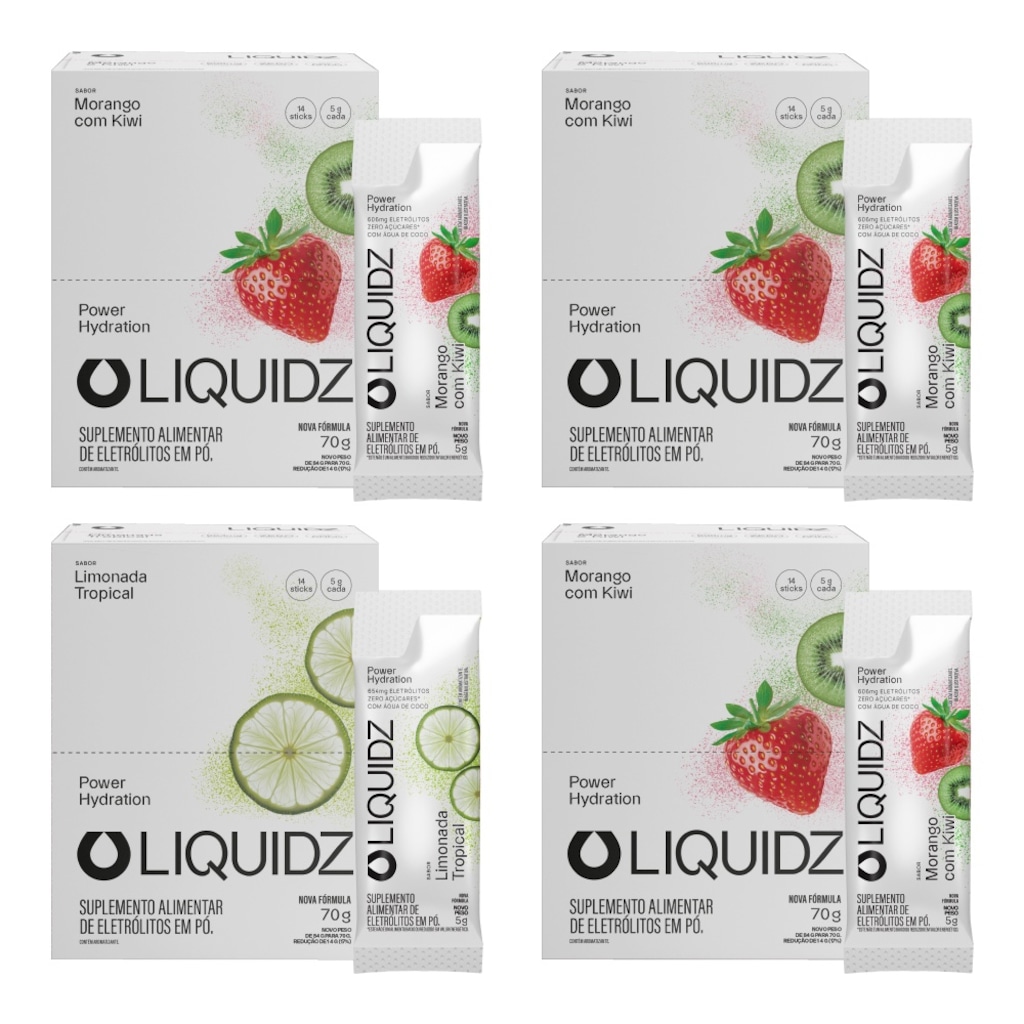 Kit 4 Caixas LIQUIDZ - Eletrólitos Zero Açúcares - Limonada | Morango - 56 sachês