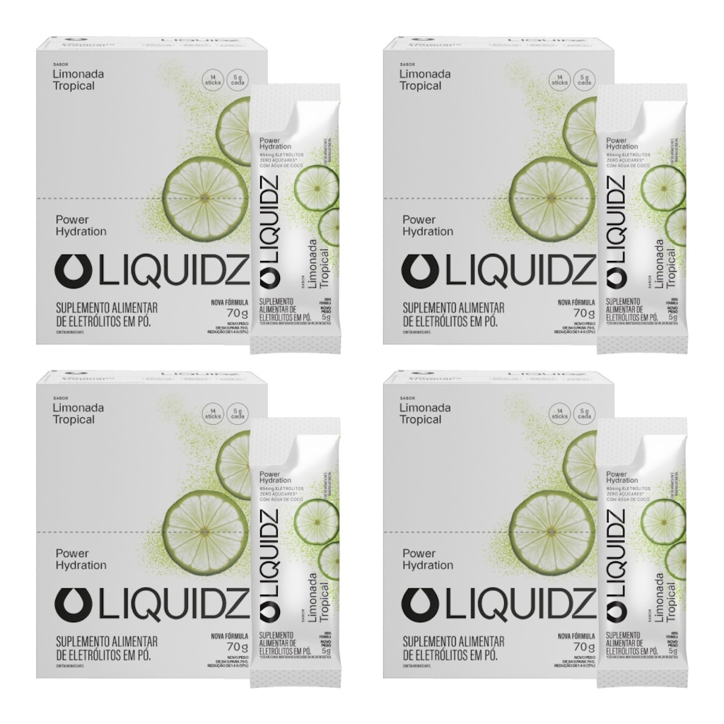 Kit 4 Caixas LIQUIDZ - Eletrólitos Zero Açúcares - Limonada Tropical - 56 sachês