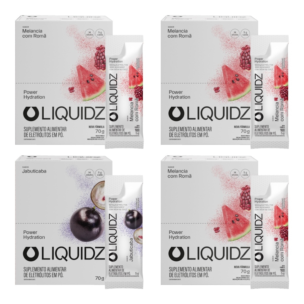 Kit 4 Caixas LIQUIDZ - Eletrólitos Zero Açúcares - Jabuticaba | Melancia - 56 sachês