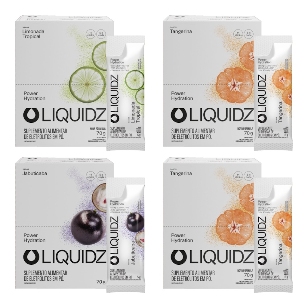 Kit 4 Caixas LIQUIDZ - Eletrólitos Zero Açúcares - 3 Sabores - 56 sachês