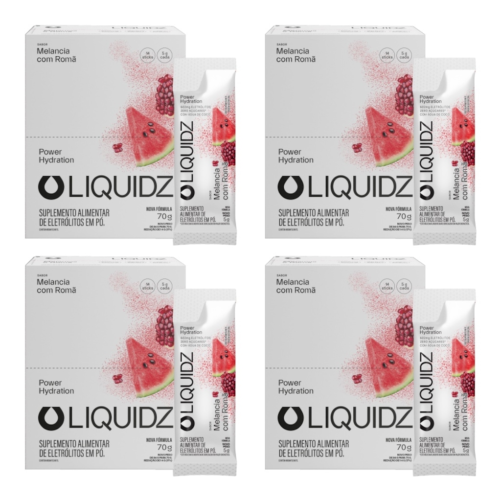 Kit 4 Caixas LIQUIDZ - Eletrólitos Zero Açúcares - Melancia com Romã - 56 sachês
