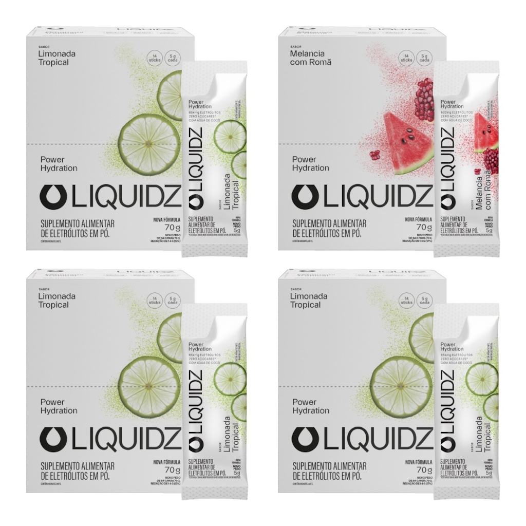 Kit 4 Caixas LIQUIDZ® - Eletrólitos Zero Açúcares - Limonada | Melancia- 56 sachês
