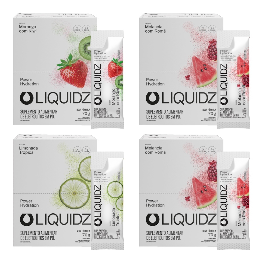 Kit 4 Caixas LIQUIDZ - Eletrólitos Zero Açúcares - 3 Sabores - 56 sachês