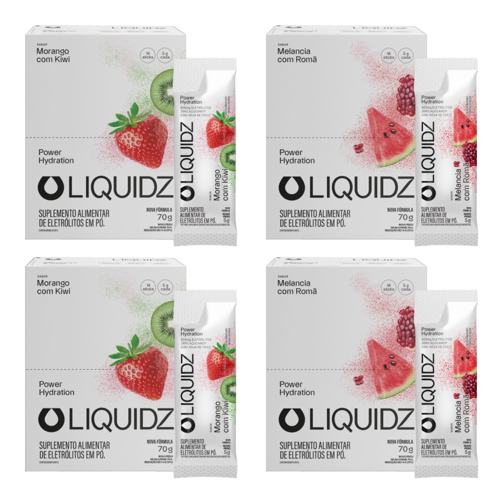 Kit 4 Caixas LIQUIDZ® - Eletrólitos Zero Açúcares - Morango | Melancia - 56 sachês