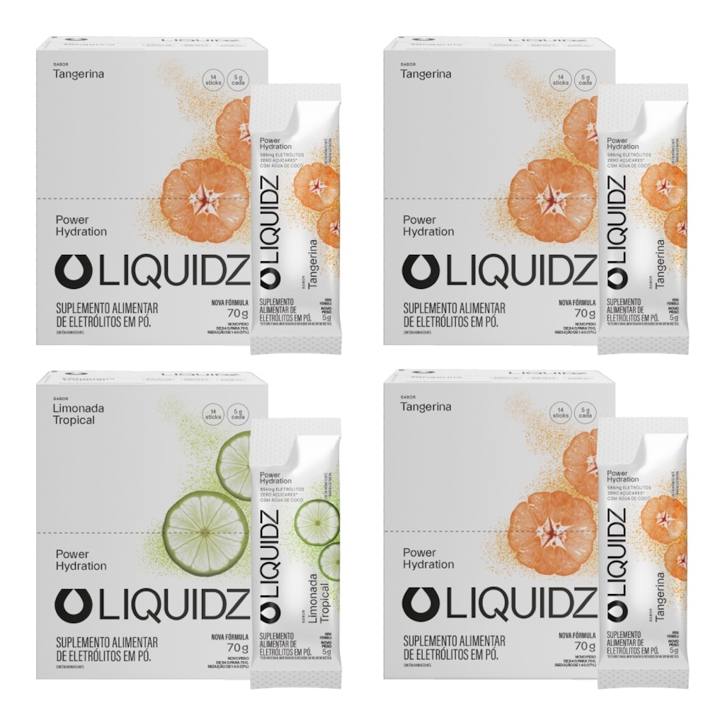 Kit 4 Caixas LIQUIDZ - Eletrólitos Zero Açúcares - Limonada | Tangerina - 56 sachês