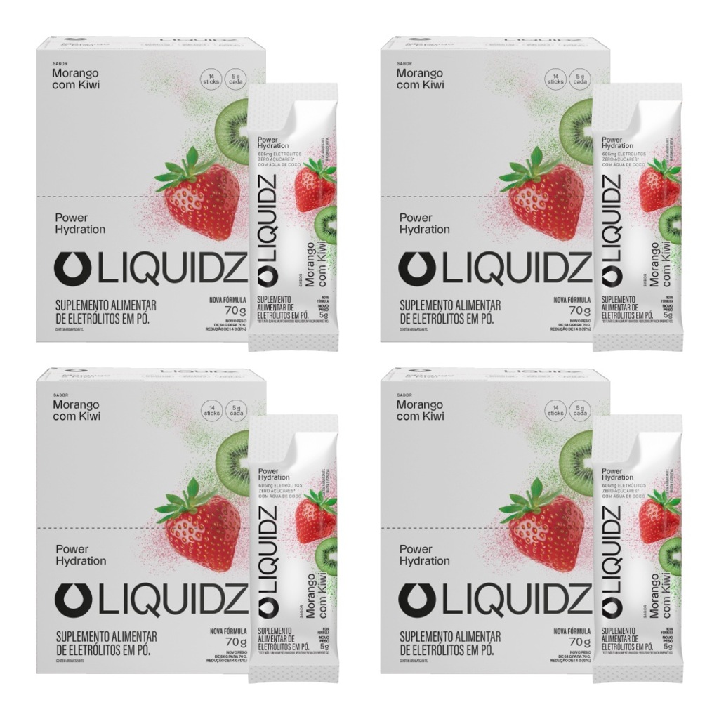 Kit 4 Caixas LIQUIDZ - Eletrólitos Zero Açúcares - Morango com Kiwi - 56 sachês
