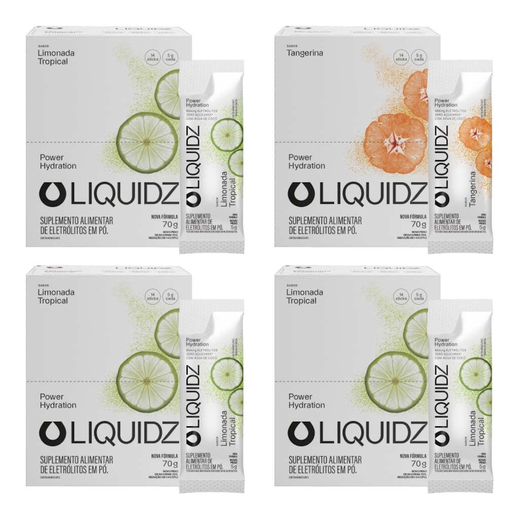 Kit 4 Caixas LIQUIDZ - Eletrólitos Zero Açúcares - Limonada | Tangerina - 56 sachês