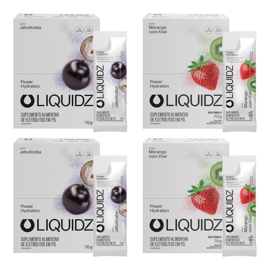 Kit 4 Caixas LIQUIDZ® - Eletrólitos Zero Açúcares - Jabuticaba | Morango - 56 sachês