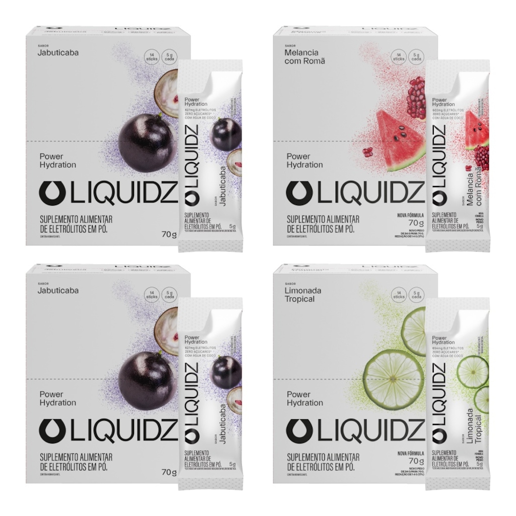 Kit 4 Caixas LIQUIDZ® - Eletrólitos Zero Açúcares - 3 Sabores - 56 sachês