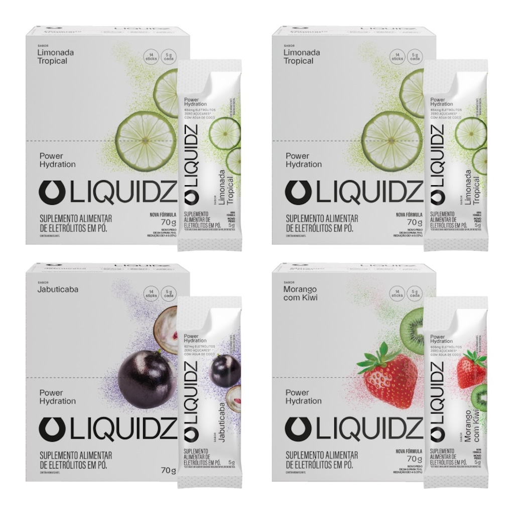 Kit 4 Caixas LIQUIDZ® - Eletrólitos Zero Açúcares - 3 Sabores - 56 sachês