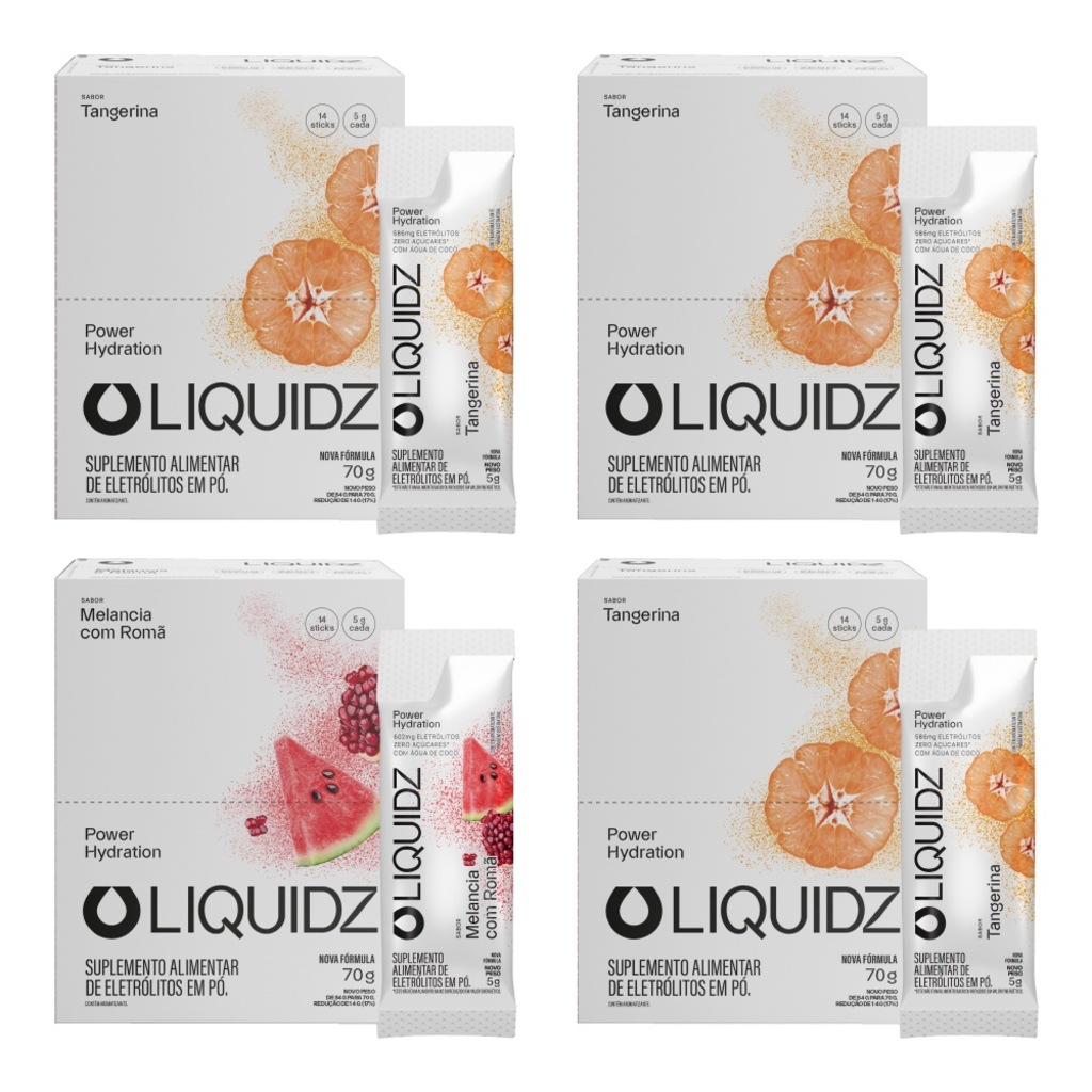 Kit 4 Caixas LIQUIDZ® - Eletrólitos Zero Açúcares - Melancia | Tangerina - 56 sachês