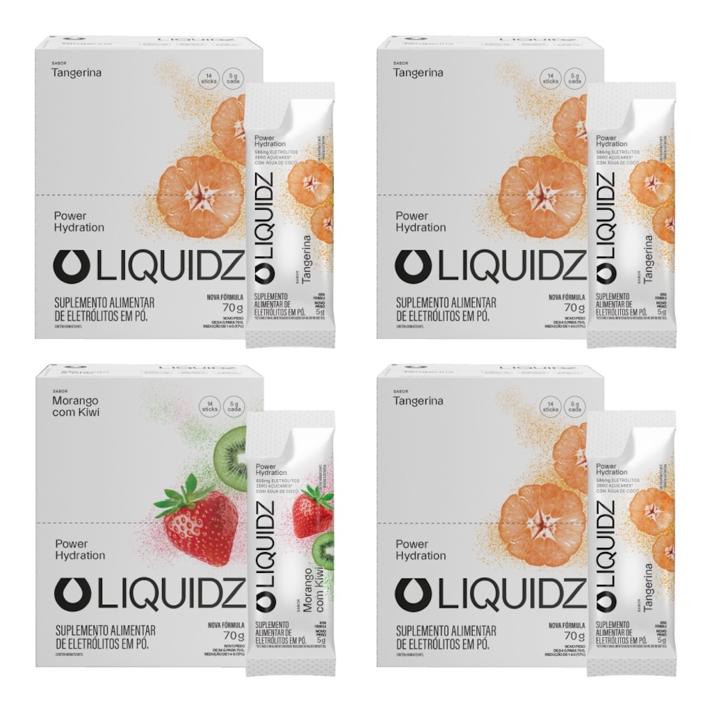 Kit 4 Caixas LIQUIDZ® - Eletrólitos Zero Açúcares - Morango|Tangerina - 56 sachês
